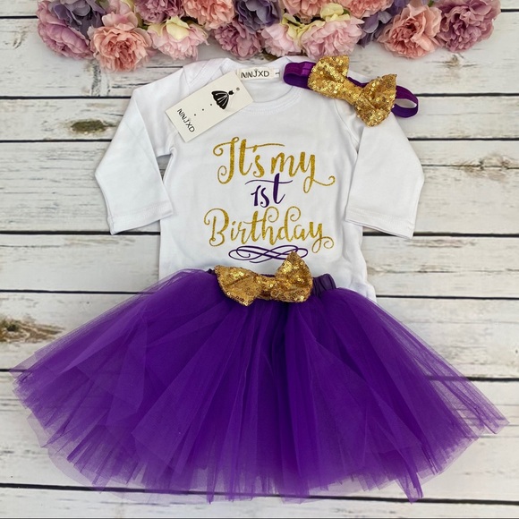 1st Birthday Outfit Matching Onesie Purple Tulle Skirt and Headband - Picture 4 of 14